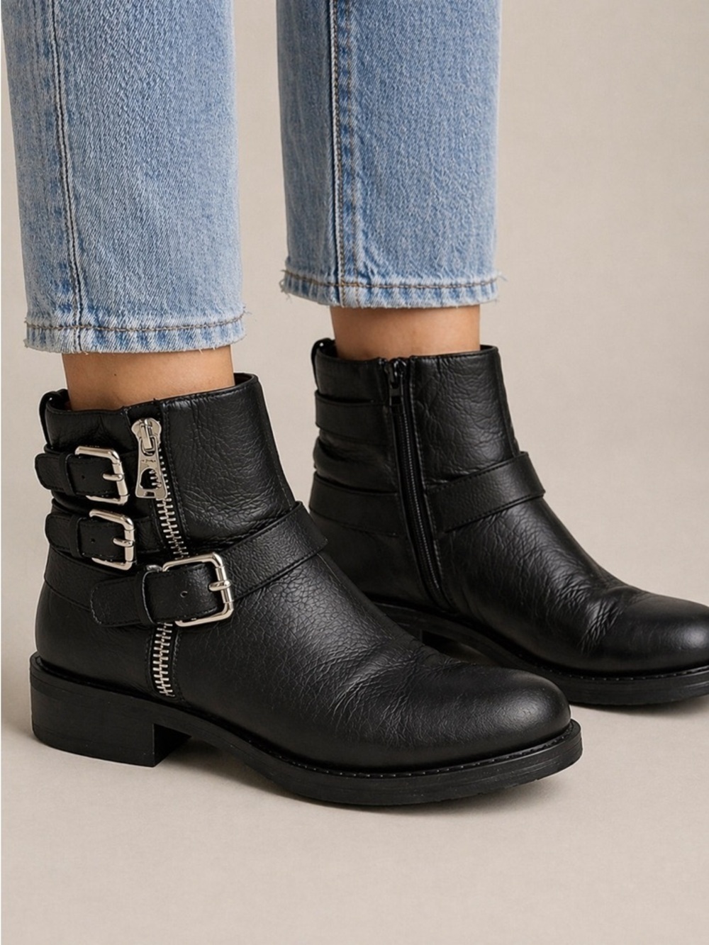 RUDSAK Black Leather Moto Boots - Triple Buckle Zip Ankle Booties - Size 39